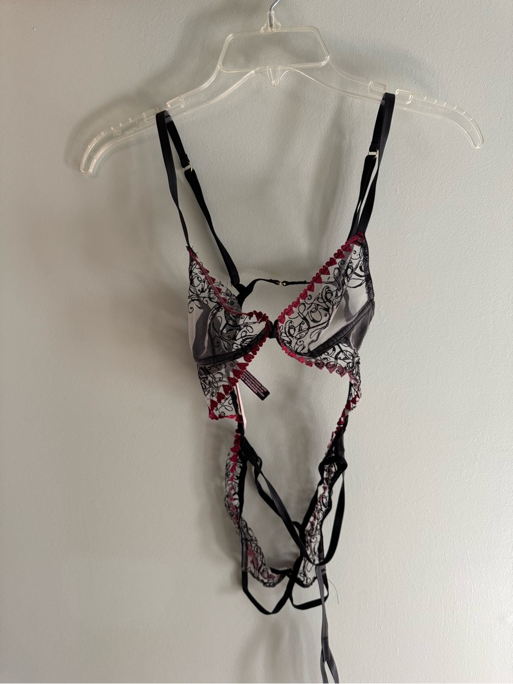 Victoria's Secret Black and Burgundy Lace-Trim Sheer Chemise